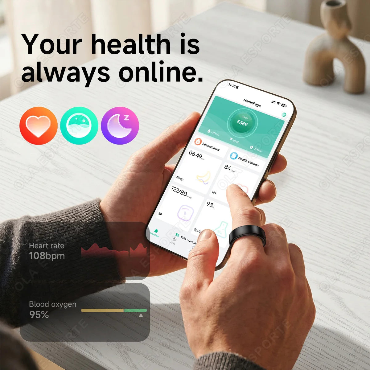 Wayke Smart Ring Sleep Tracker for Men and Women, Connects with iOS and Android